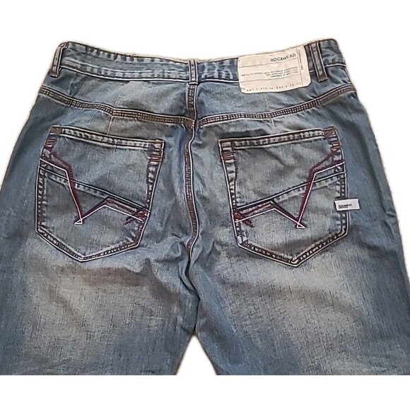 VTG Rocawear Jeans Mens 36x31.5 Blue Baggy Distressed Skater Faded Pipe Hip Hop - Picture 4 of 16